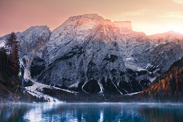 Beautiful Lago di Braies at Sunset